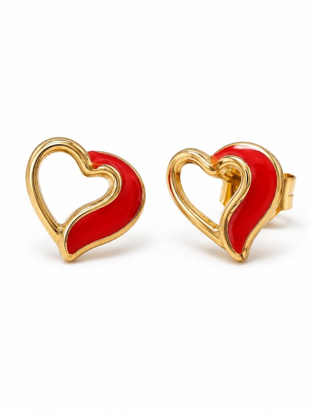 Vintage Red Enamel Open Heart Stud Earrings Gold Tone Romantic Minimalist